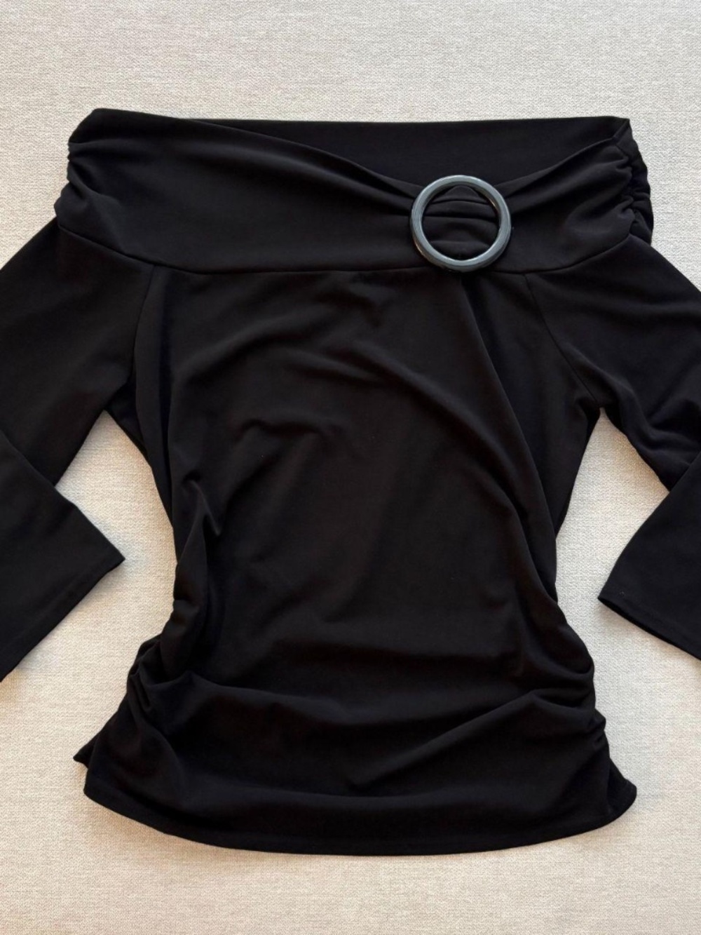 ♡ Black Buckle Off the Shoulder Quarter Sleeve Top ♡